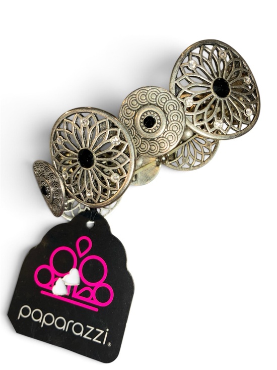 paparazzi Jewelry - New! Filigree Floral Western Boho Stretch Bracelet Silver Tone Black Rhinestone